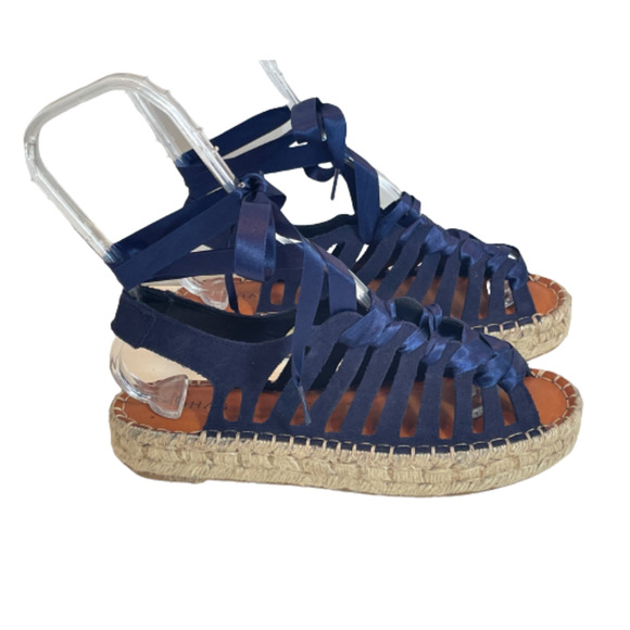 Alohas Espadrille Sandal Sz 37 6 US Blue Suede Satin Platform Lace Up Gladiator - Picture 1 of 14